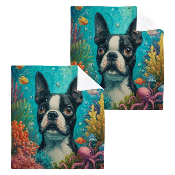Wobogo Cute Boston Terrier Square Cotton Towel Set of 2 Soft and Skin-friendly with Good Absorbency 12×12in
