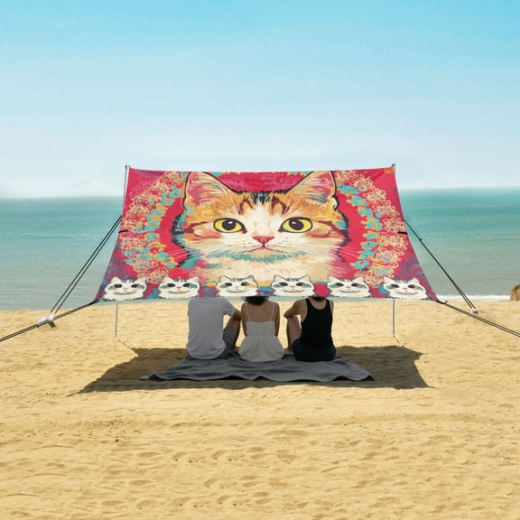 Wobogo Cute Calico Cat Beach Tent Camping Sun Shelter 110 x 125in UPF50+ Outdoor Shade for Trips Fishing Picnics
