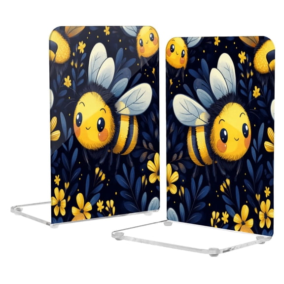 Wobogo Cute Cartoon Bumble Bee Pattern Acrylic Bookends Clear L-Shaped Book Holder with Non-Slip Pads for Books Files Magazines CD DVD 5.44.18.1in