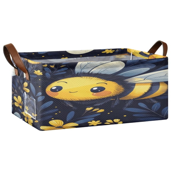 Wobogo Cute Cartoon Bumble Bee Pattern Storage Basket Soccer Plaid Fabric Oversized Collapsible Hoard Box with Metal Iron Frame 16.9×11.4×7.7in