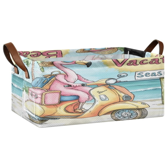 Wobogo Cute Cartoon Flamingo Storage Basket Soccer Plaid Fabric Oversized Collapsible Hoard Box with Metal Iron Frame 16.9×11.4×7.7in