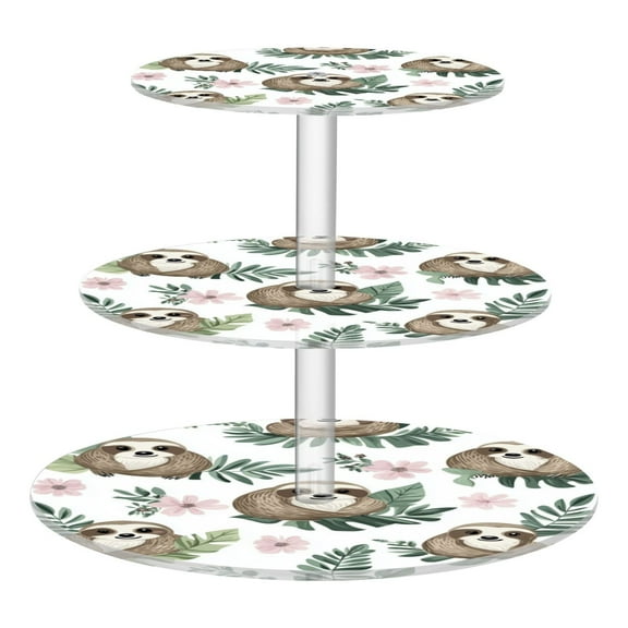 Wobogo Cute Cartoon Sloth Pattern with Tropical Leaves 3 Tier Acrylic Cake Stand with Clear Round Hold for Wedding Holiday Birthday Baby Shower Tea Party