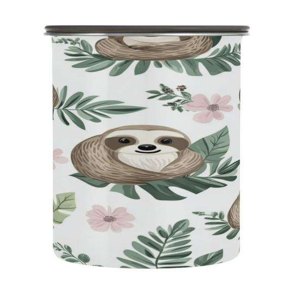 Wobogo Cute Cartoon Sloth Pattern with Tropical Leaves Food Storage Jars 304 Food Grade Stainless Steel Canisters With Vacuum Airtight Lids for Coffee Snacks Nuts Cereal 900ML