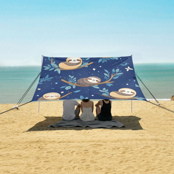 Wobogo Cute Cartoon Sloth Pattern with Blue Background Beach Tent Camping Sun Shelter 110 x 125in UPF50+ Outdoor Shade for Trips Fishing Picnics