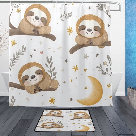Wobogo Cute Cartoon Sloth Pattern with Moon and Stars Bathroom Shower Curtain Set with Floor Mat and Hooks Ultra Waterproof Visible Slider Beads