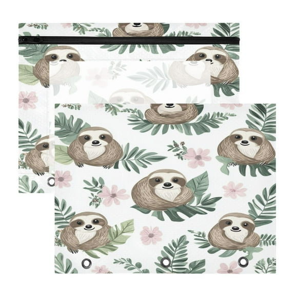 Wobogo Cute Cartoon Sloth Pattern with Tropical Leaves A4 Size Clear Polyester File Pocket Set of 2 Zipper Home Work Office Organizer