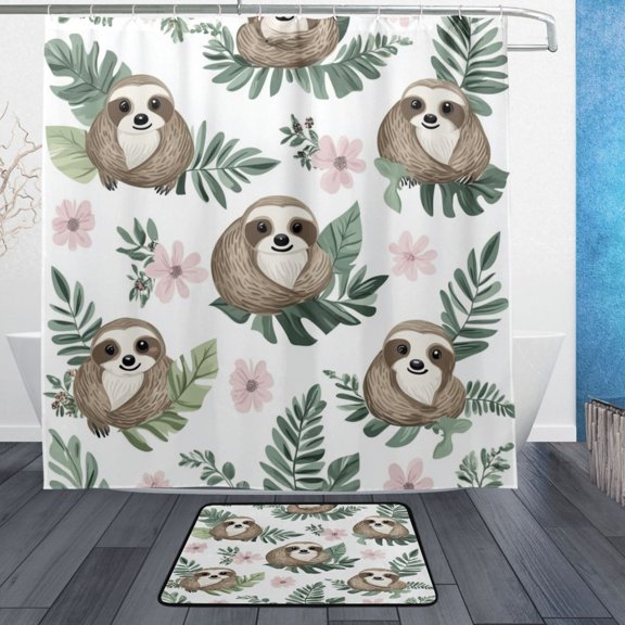 Wobogo Cute Cartoon Sloth Pattern with Tropical Leaves Bathroom Shower Curtain Set with Floor Mat and Hooks Ultra Waterproof Visible Slider Beads