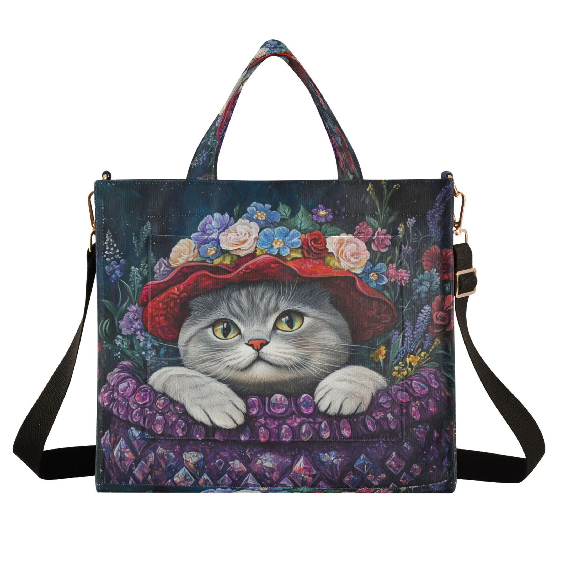 Wobogo Cute Cat Wearing Wreath Corduroy Tote Bag for Women Travel Crossbody Bag Purse Women Shoulder Bags Work Handbags Daily Commuter Bag 10.2×9inch