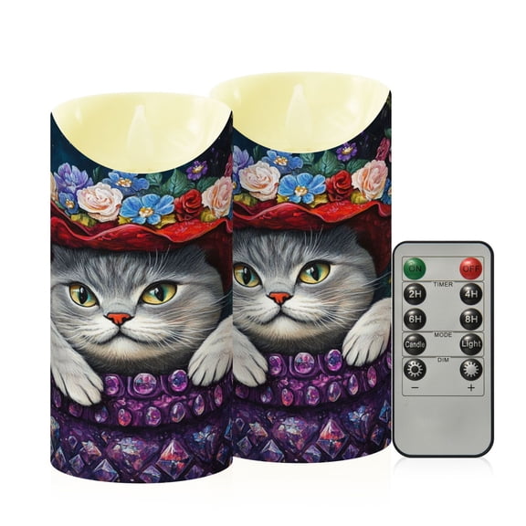 Wobogo Cute Cat Wearing Wreath Flameless Candles with Remote Battery Operated Flickering LED Candles with Timer 2/4/6/8H Medium Size