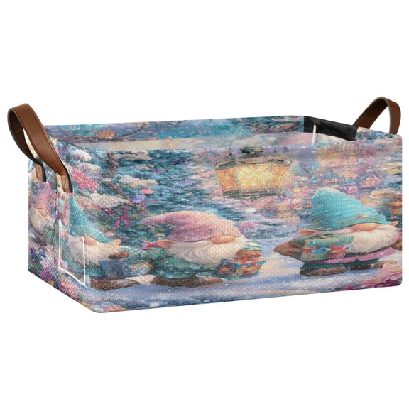 Wobogo Cute Christmas Gnomes Storage Basket Soccer Plaid Fabric Oversized Collapsible Hoard Box with Metal Iron Frame 16.9×11.4×7.7in