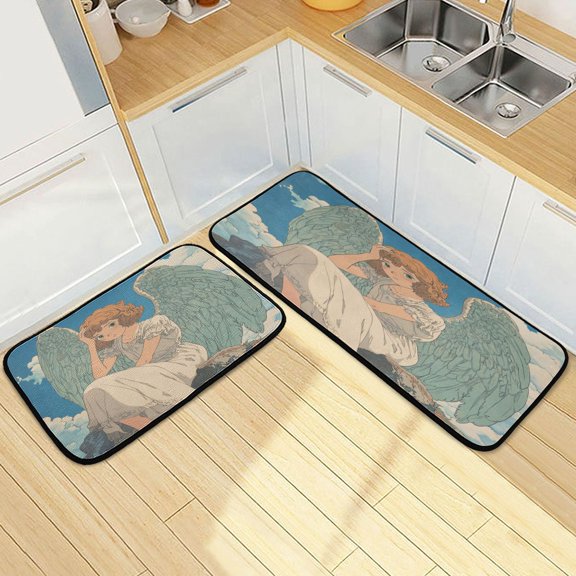 Wobogo Cute Curly Angel Kitchen Carpet Set of 2 Absorbent and Stain Resistant Non-slip Star Rubber Backing