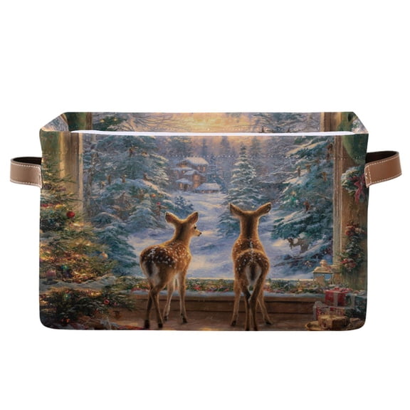 Wobogo Cute Deer Square Storage Basket with Waterproof Canvas and PE Lining Durable PU Leather Handles 14.2×10.2×8.3in