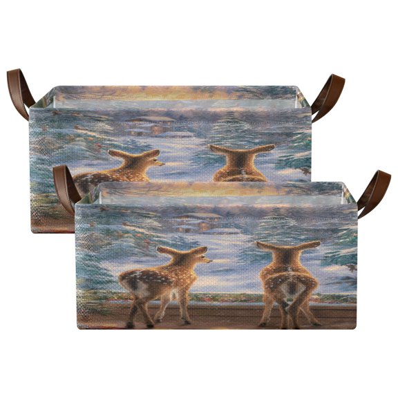 Wobogo Cute Deer Storage Basket Soccer Plaid Fabric Oversized Collapsible Hoard Box with Metal Iron Frame Two Piece Set 16.9×11.4×7.7in