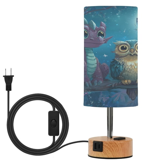 Wobogo Cute Dragon Owl Bedside Lamp Touch Control Table Lamp with USB A+C Charging Ports & AC Outlet 3-Way Dimmable Nightstand Lamp with Linen Fabric Shade for Bedroom Living Room