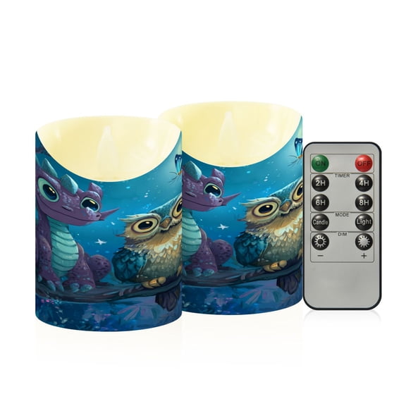 Wobogo Cute Dragon Owl Flameless Candles with Remote Battery Operated Flickering LED Candles with Timer 2/4/6/8H Small Size