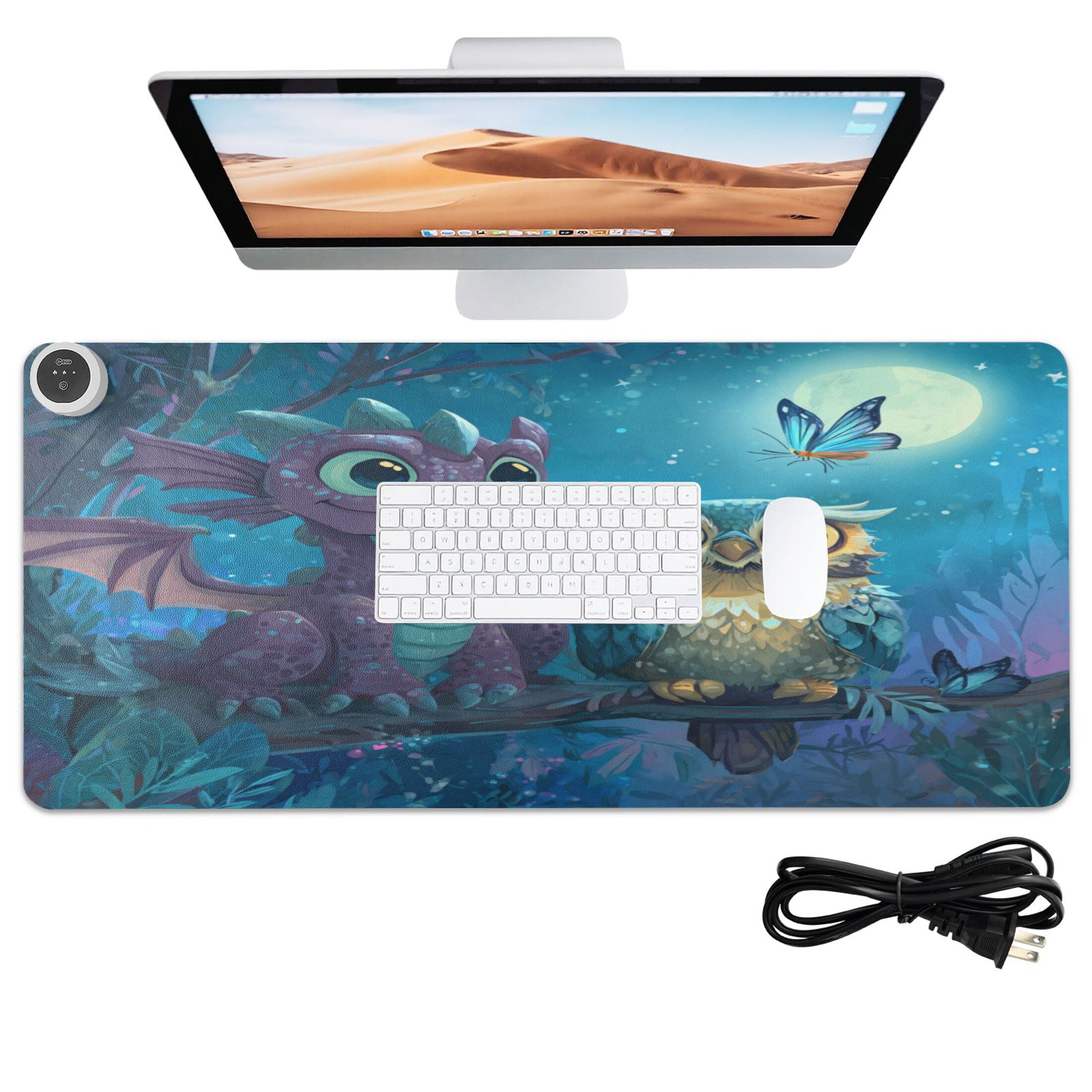 Wobogo Cute Dragon Owl Heated Mouse Pad Extra-Large Desk Mat With 3 Heating Levels and 3-hour Auto Shut-Off Protection Ideal for Computer Keyboards Home Office Hand-warming Essential 31.5in × 13in