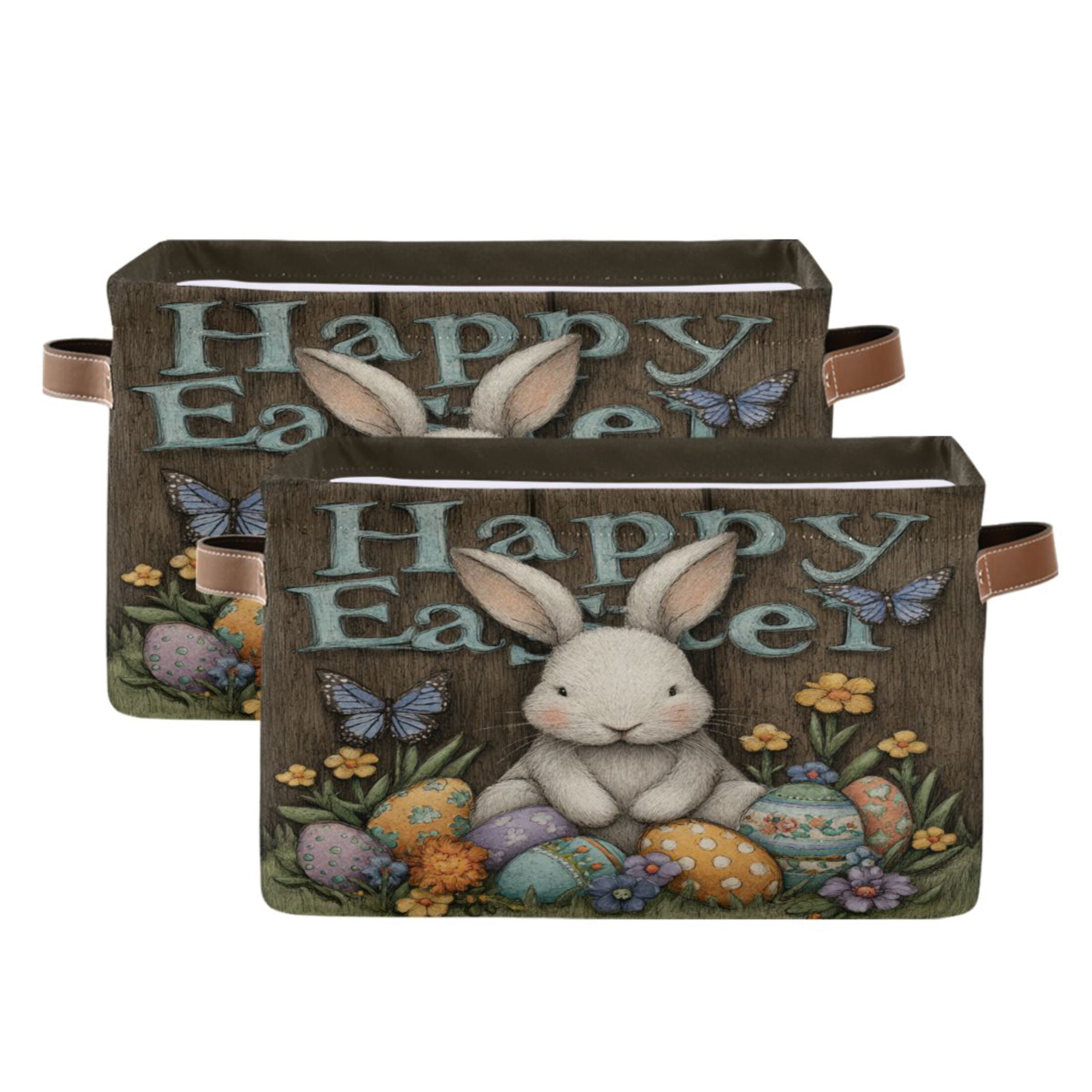 Wobogo Cute Easter Bunny Square Storage Basket Set of 2 with Waterproof Canvas and PE Lining Durable PU Leather Handles 14.2×10.2×8.3in