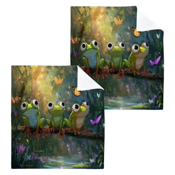Wobogo Cute Frog Square Cotton Towel Set of 2 Soft and Skin-friendly with Good Absorbency 12×12in