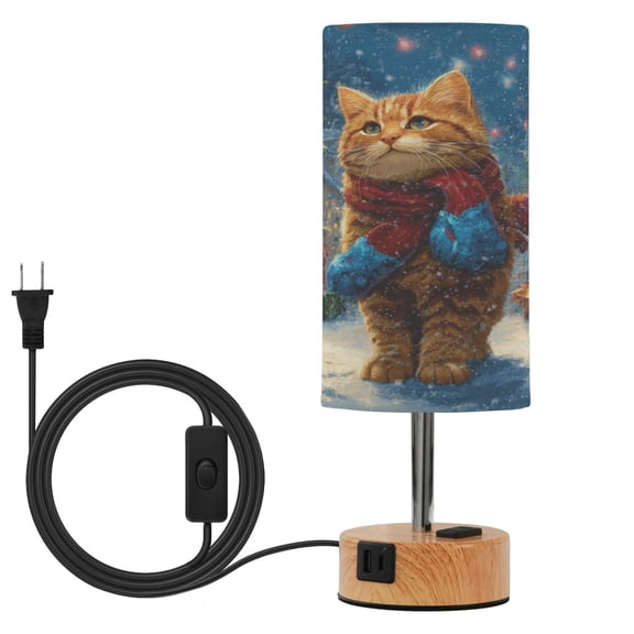 Wobogo Cute Ginger Cat Bedside Lamp Touch Control Table Lamp with USB A+C Charging Ports & AC Outlet 3-Way Dimmable Nightstand Lamp with Linen Fabric Shade for Bedroom Living Room