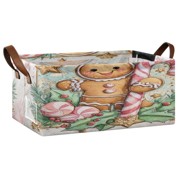 Wobogo Cute Gingerbread Man Storage Basket Soccer Plaid Fabric Oversized Collapsible Hoard Box with Metal Iron Frame 16.9×11.4×7.7in
