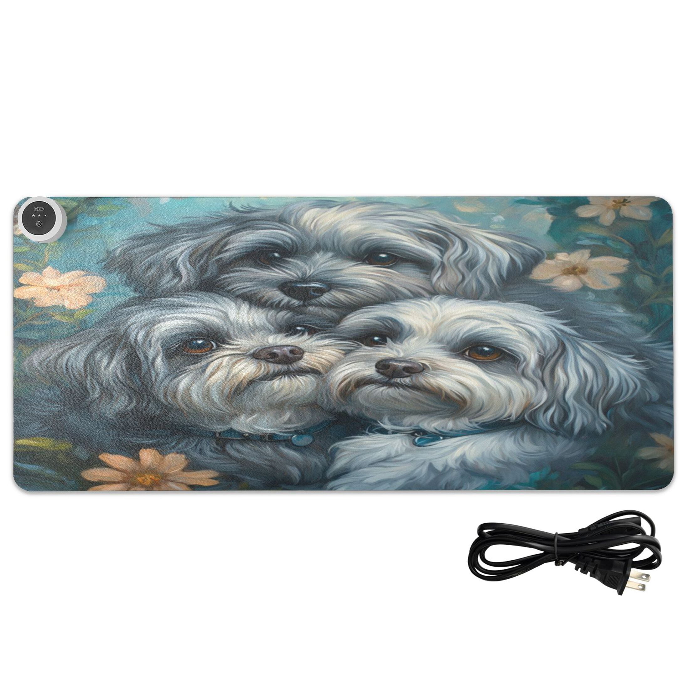 Wobogo Cute Gray Lhasa Apso Dogs Heated Mouse Pad Extra-Large Desk Mat With 3 Heating Levels and 3-hour Auto Shut-Off Protection Ideal for Computer Keyboards Home Office Hand-warming Essential 31.5in