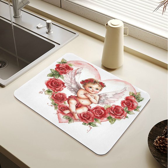 Wobogo Cute Little Angel Cupid Pattern Dish Drying Mats Diatomaceous Earth Super Absorbent Non-slip Rubber Sole 19.7×15.7in