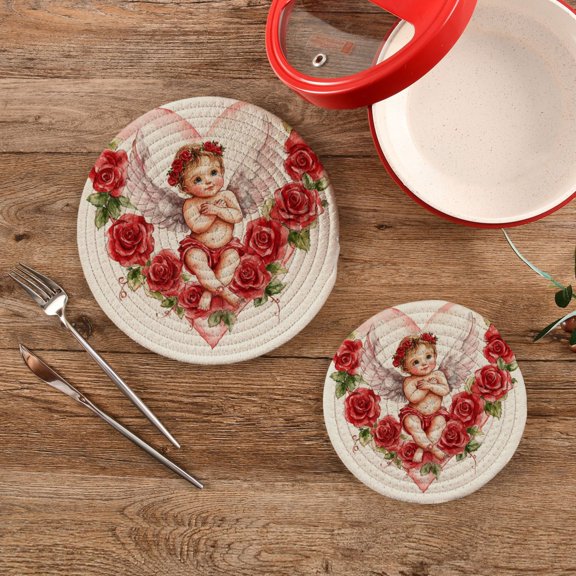 Wobogo Cute Little Angel Cupid Pattern Trivets Potholders Set of 2 Cotton Woven Round Hot Plate Mats for Hot Dishes Bowls Teapots
