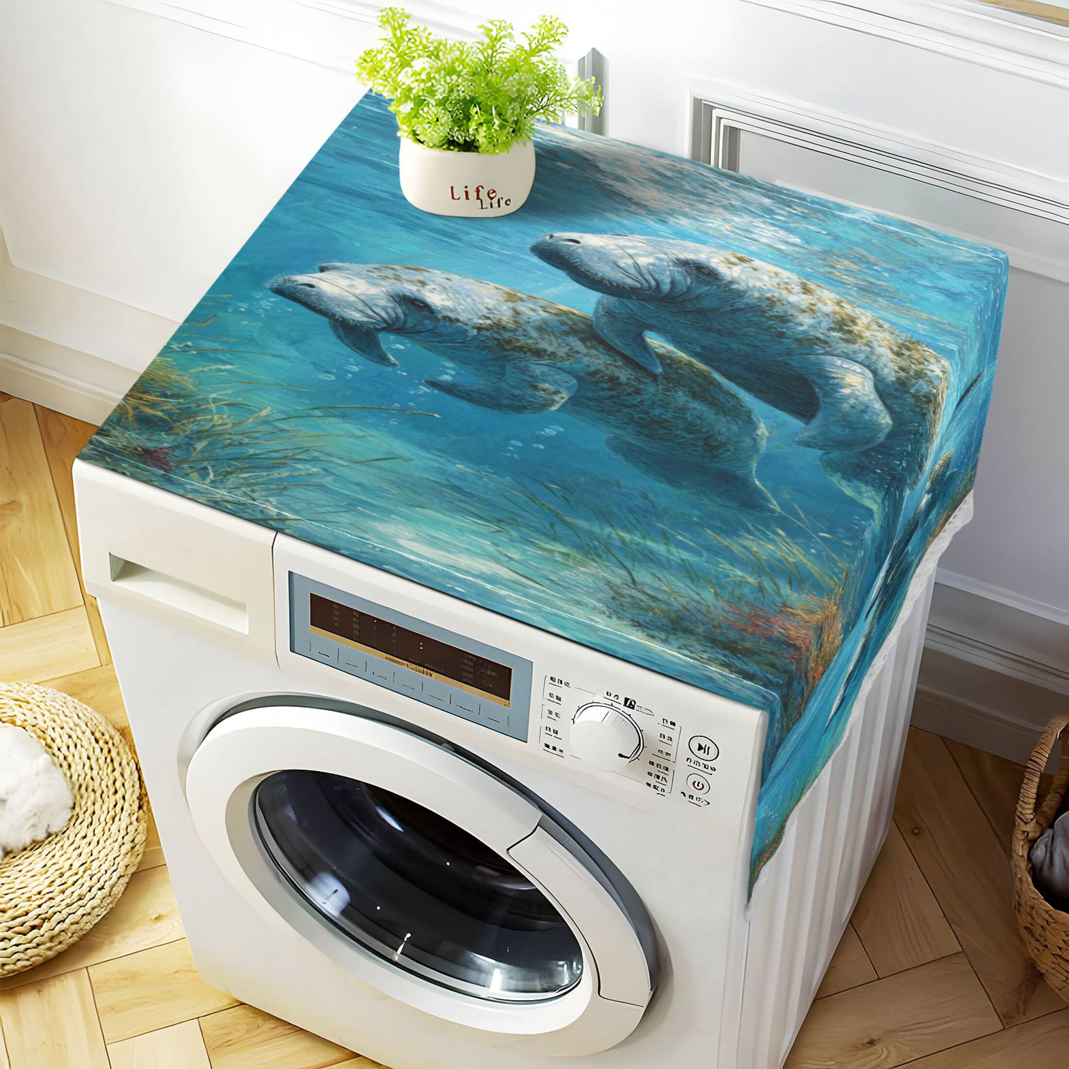 Wobogo Cute Manatee Washing Machine Cover Dustproof Washer Dryer Cover Waterproof Laundry Room Decorative Protector