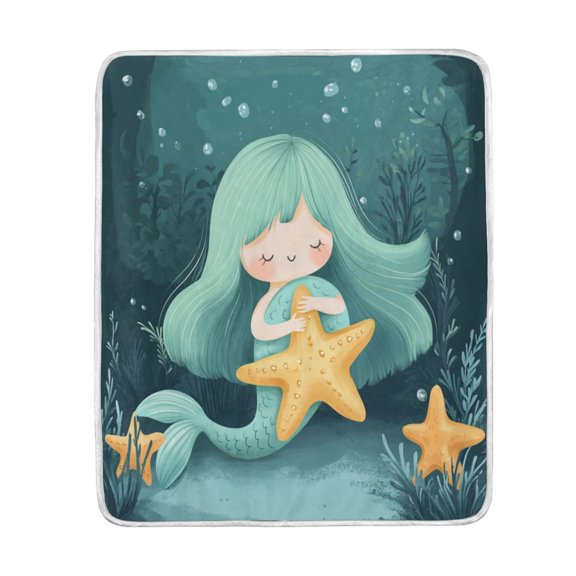 Wobogo Cute Mermaid Holding Starfish Flannel Fleece Bed Blanket as Bedspread Coverlet Sofa blankets (50x60in) Soft Lightweight Warm and Cozy