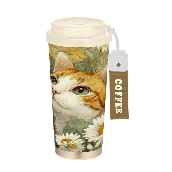 Wobogo Cute Orange Cat Double Drinking Coffee Cup Insulated Mug with Food-grade 316 Stainless Steel Beige Lid