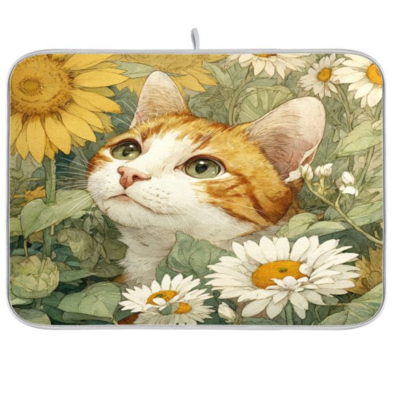 Wobogo Cute Orange Cat Kitchen Drying Mat Heat Resistant Drainage with Non-Slip Rubber Backing Hides Stains Super Absorbent Easy to Clean 18×24in