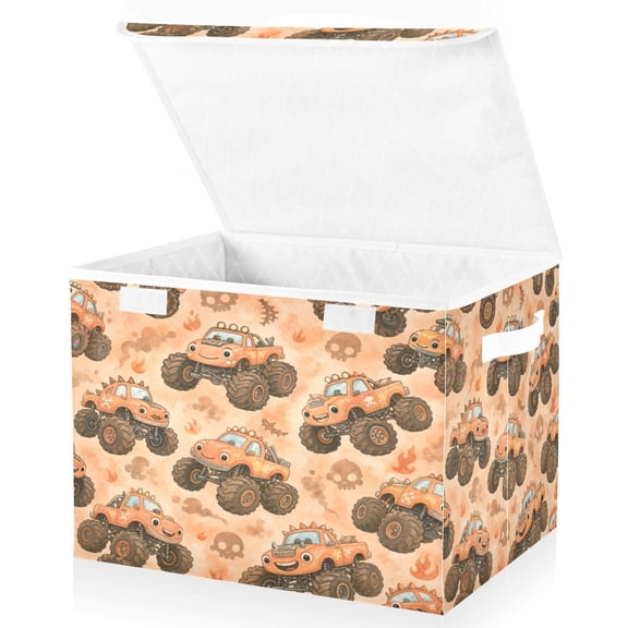 Wobogo Cute Orange Monster Truck Large Collapsible Storage Box Flip Lid Fabric Decorative Organizer Container Basket with Handles 16.512.611.8in