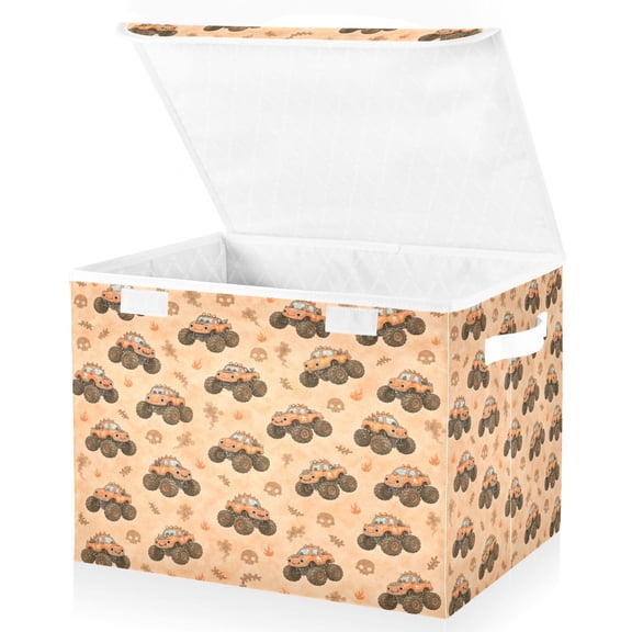 Wobogo Cute Orange Monster Truck Large Fabric Storage Box with Flip Lid, Collapsible Organizer Basket with Handles, 16.512.611.8 in