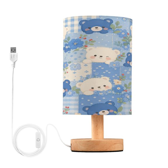 Wobogo Cute Patchwork Bears Bedroom Table Lamp USB Power Connector Wooden Base Round Linen Shade For Living Room Desk
