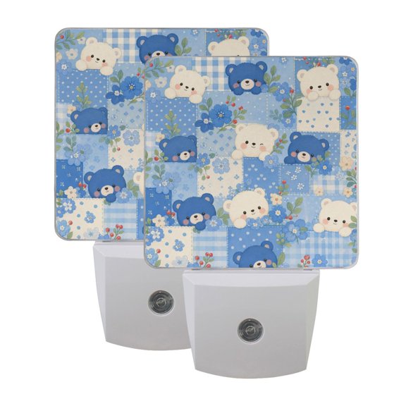 Wobogo Cute Patchwork Bears LED Night Light 2 Pcs Set 0.5 Watt Wall Plug in Dusk to Dawn Automatic Switch Soft White Light