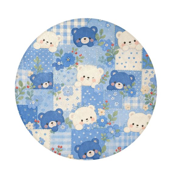 Wobogo Cute Patchwork Bears Round Rug Soft Shaggy Plush Area Rug with Non Slip Backing for Bedroom Home Decor