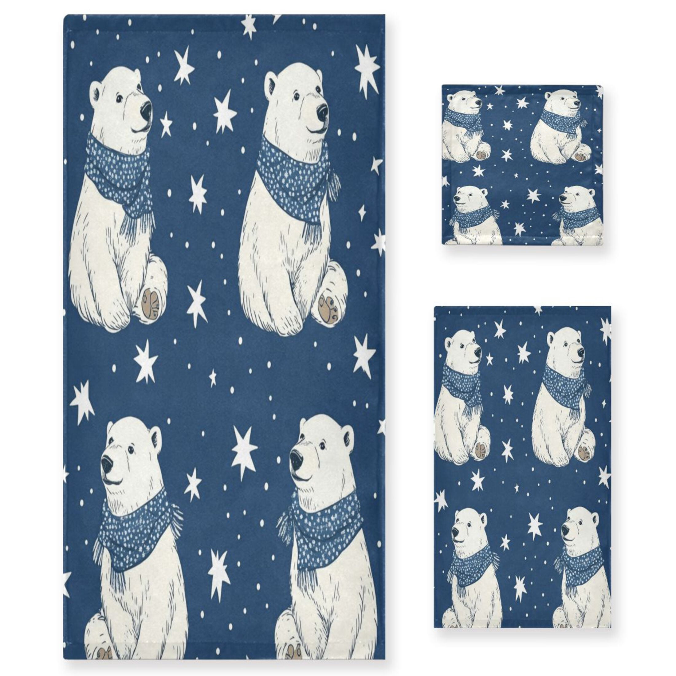 Wobogo Cute Polar Bears Pattern Ultra Soft 3 Pack Cotton Towel Set Includes 1 Bath Towel 1 Face Towel and 1 Washcloth for Everyday Use Lightweight and Compact