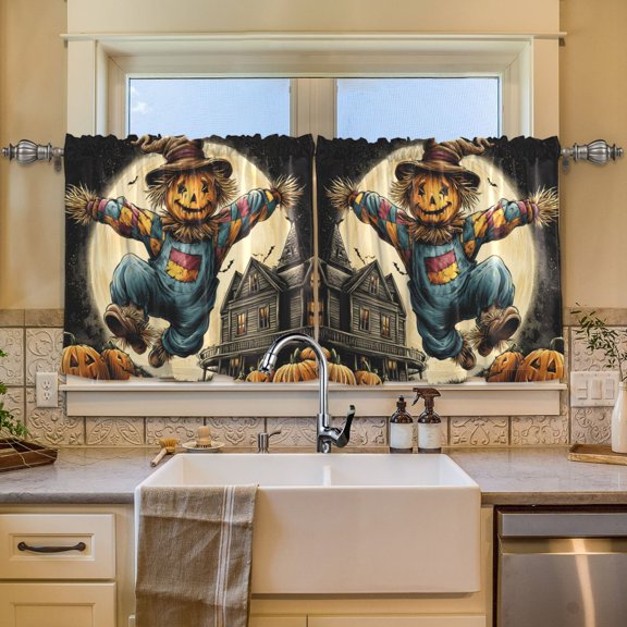 Wobogo Cute Scarecrow Kitchen Curtains 2 Piece Set Symmetrical Design Light Filtering Small Window Drapes Suitable for Bathroom Laundry Room and RV 57x24in