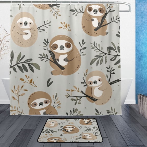 Wobogo Cute Sloth Pattern with Boho Elements Bathroom Shower Curtain Set with Floor Mat and Hooks Ultra Waterproof Visible Slider Beads