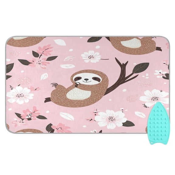 Wobogo Cute Sloth Pattern with White Floral Accents Ironing Mat Blanket Quilted Washer Dryer Heat Resistant Pad Foldable for Easy Storage