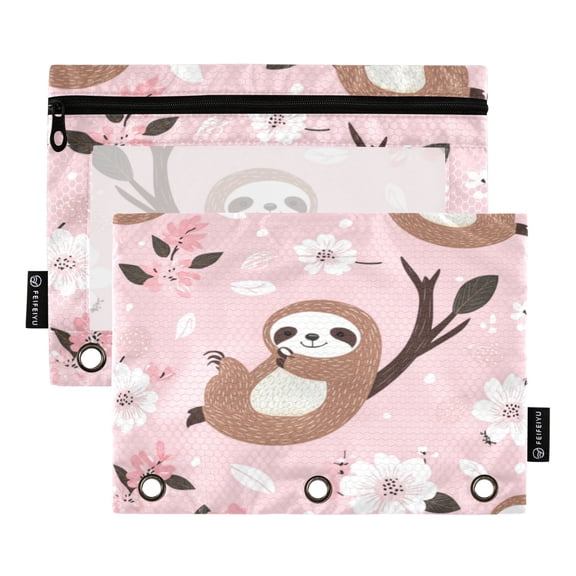 Wobogo Cute Sloth Pattern with White Floral Accents Pencil Pouch with 3 Ring Binder Holes Set of 2 for Learning Tools