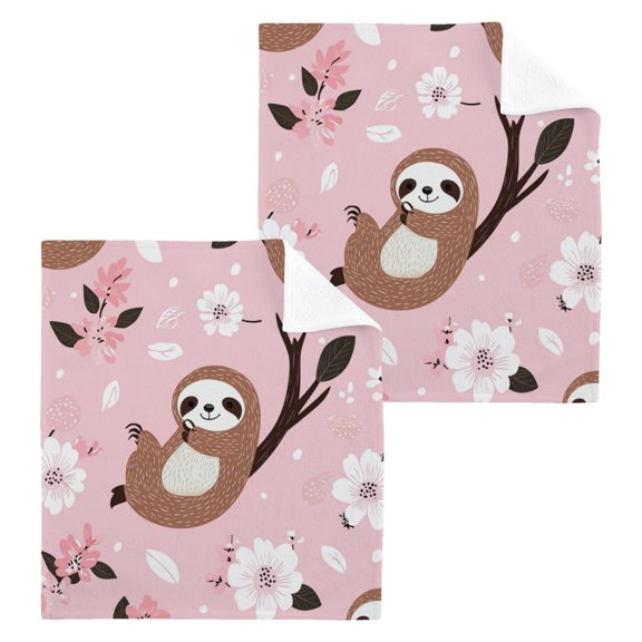 Wobogo Cute Sloth Pattern with White Floral Accents Square Cotton Towel Set of 2 Soft and Skin-friendly with Good Absorbency 12×12in