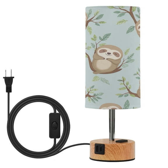 Wobogo Cute Sloth Sitting on Tree Pattern Bedside Lamp Touch Control Table Lamp with USB A+C Charging Ports & AC Outlet 3-Way Dimmable Nightstand Lamp with Linen Fabric Shade for Bedroom Living Room