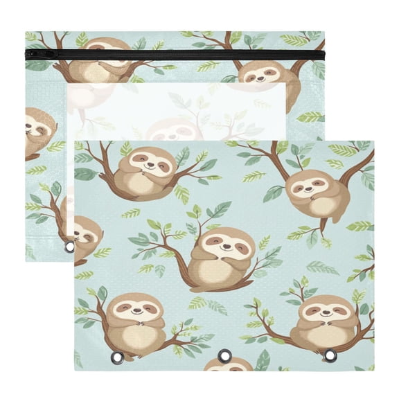 Wobogo Cute Sloth Sitting on Tree Pattern A4 Size Clear Polyester File Pocket Set of 2 Zipper Home Work Office Organizer