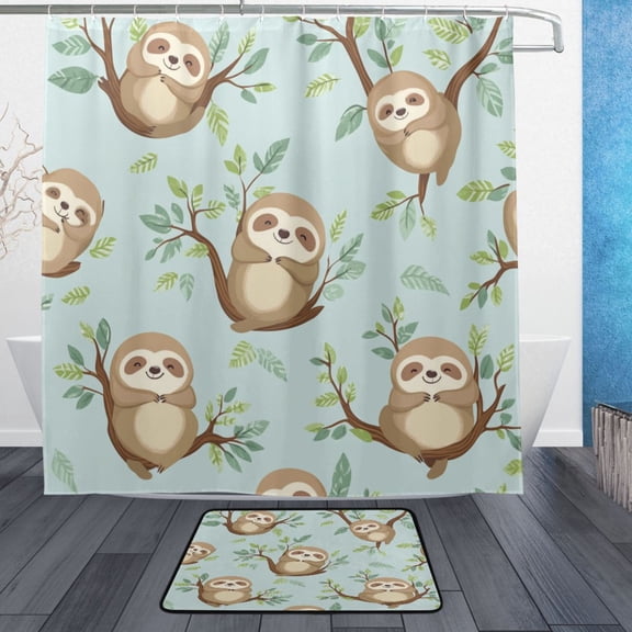 Wobogo Cute Sloth Sitting on Tree Pattern Bathroom Shower Curtain Set with Floor Mat and Hooks Ultra Waterproof Visible Slider Beads