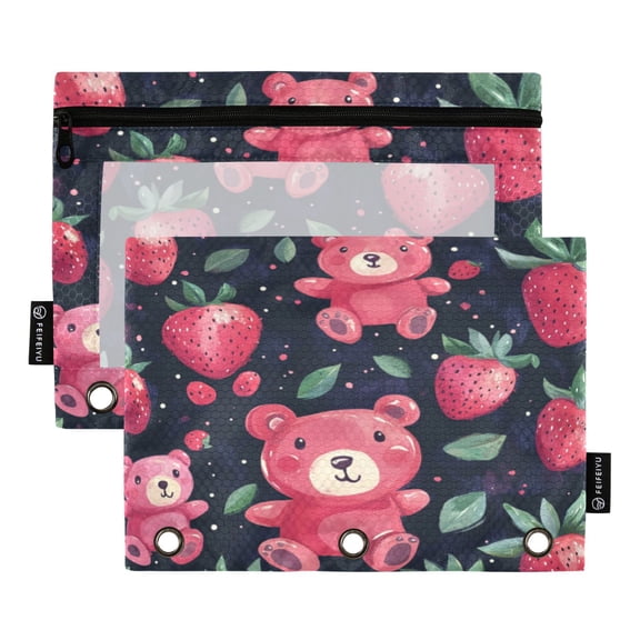Wobogo Cute Strawberry Bear Pencil Pouch with 3 Ring Binder Holes Set of 2 for Learning Tools
