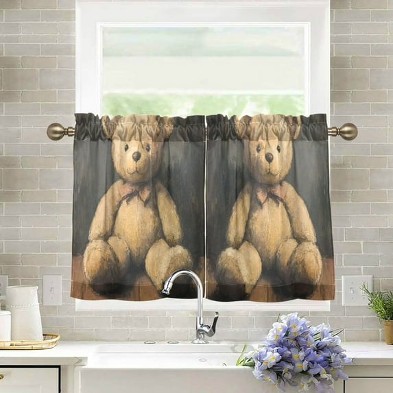 Wobogo Cute Teddy Bear Doll Kitchen Curtains 2 Piece Set Farmhouse Country Style Light Filtering Small Window Drapes Suitable for Bathroom Laundry Room and RV 27x24in