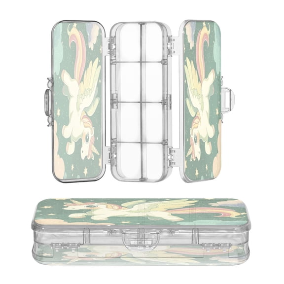 Wobogo Cute Unicorn Green Pattern Clear Pencil Case Plastic Pencilboxes Stackable Design Study Materials for Classroom Office