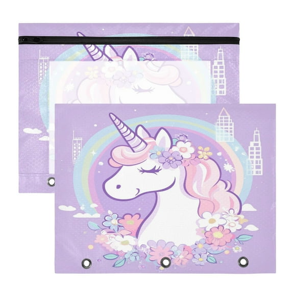 Wobogo Cute Unicorn Purple Pattern A4 Size Clear Polyester File Pocket Set of 2 Zipper Home Work Office Organizer