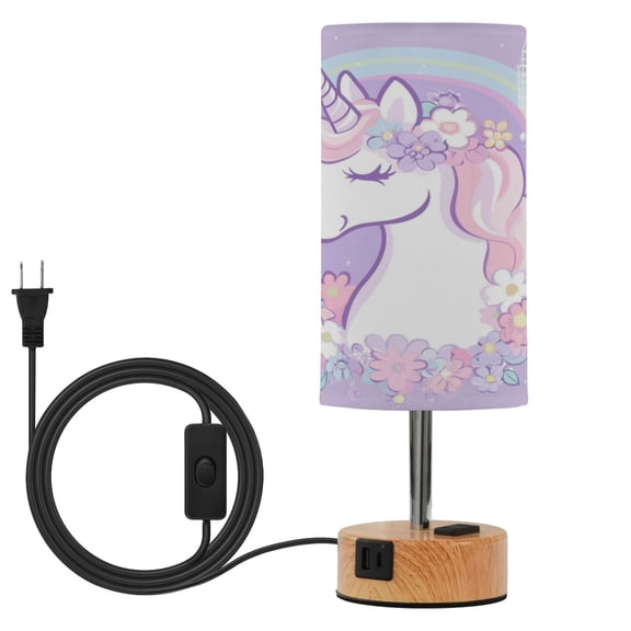 Wobogo Cute Unicorn Purple Pattern Bedside Lamp Touch Control Table Lamp with USB A+C Charging Ports & AC Outlet 3-Way Dimmable Nightstand Lamp with Linen Fabric Shade for Bedroom Living Room
